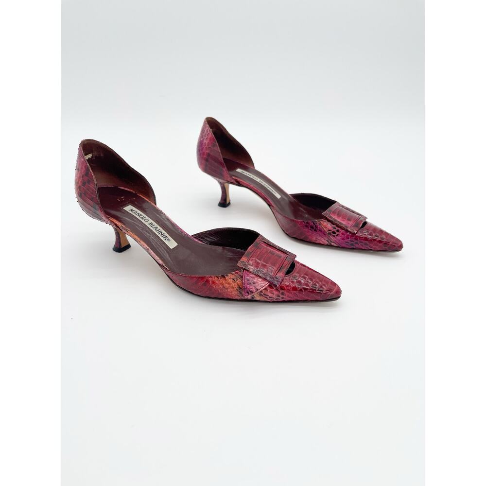 Manolo Blahnik Vintage Burgundy Python Buckle Pointed Toe D'Orsay Heels IT 37.5
